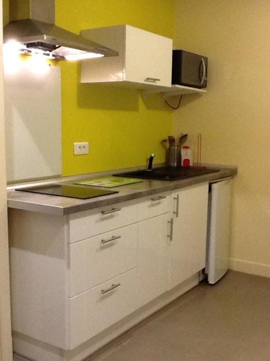 a kitchen with a sink and a white refrigerator at Le Clos Domenat 3 in Brive-la-Gaillarde