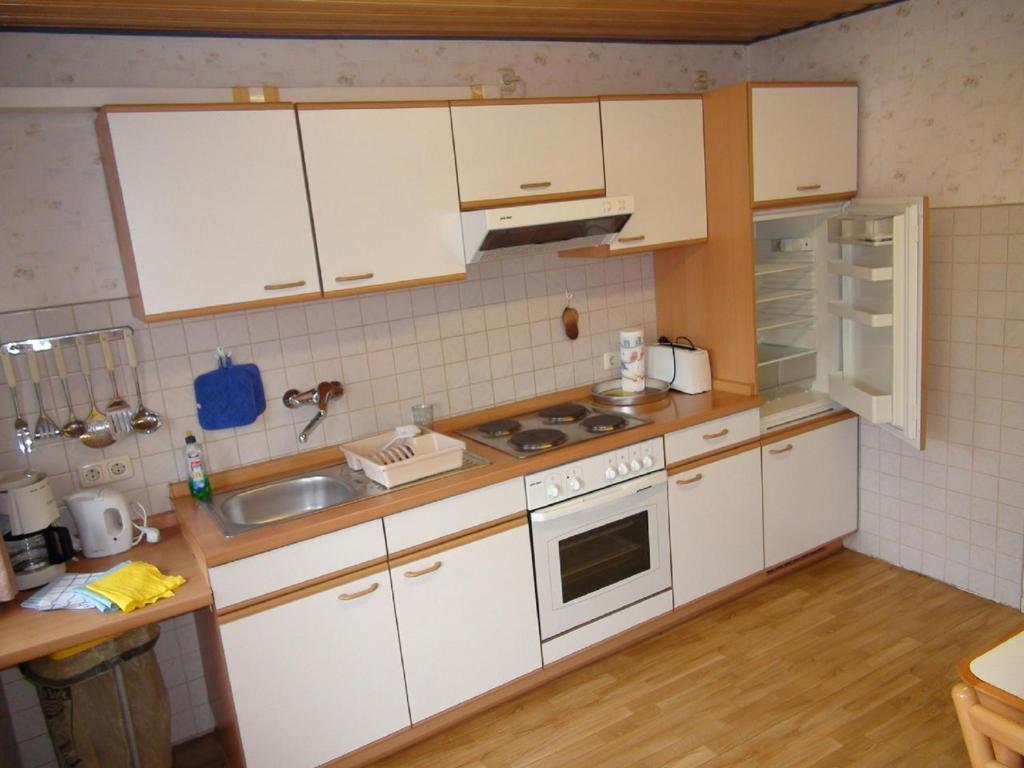 a kitchen with white cabinets and a sink at Feriengut Dietzsch in Pöritzsch
