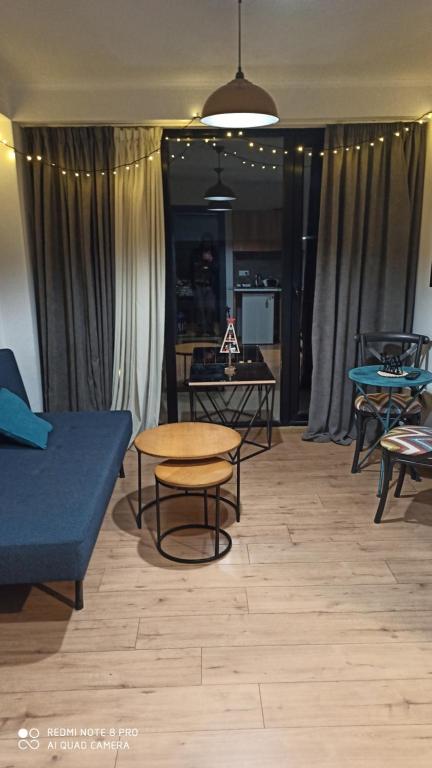 ein Wohnzimmer mit einem blauen Sofa und Tischen in der Unterkunft Apart Hotel ART in Bakuriani