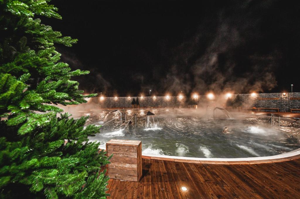 a fountain in a park at night at Марциаль in Tyumen