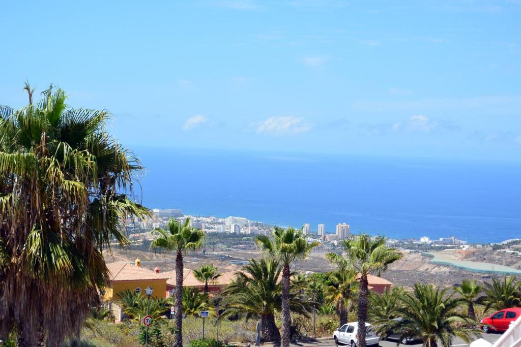 - une vue sur les palmiers et l'océan dans l'établissement Superlative apartment with spectacular ocean views, à Chayofa