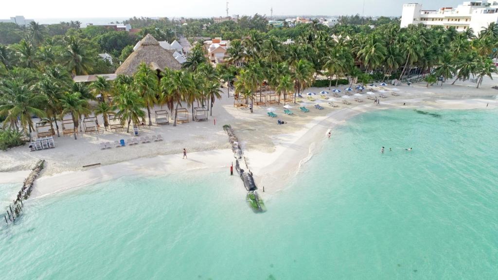 una vista aérea de una playa con palmeras en Cabanas Maria Del Mar en Isla Mujeres