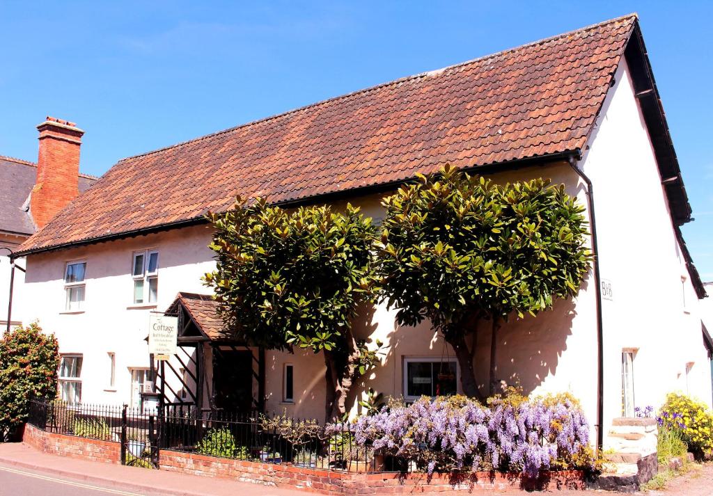 een wit huis met bomen en paarse bloemen ervoor bij The Cottage B&B in Porlock