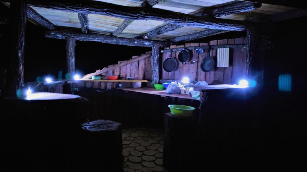 una cucina con luci blu in una camera oscura di Robinson camp Kupa - Juratovićki brig a Netretić