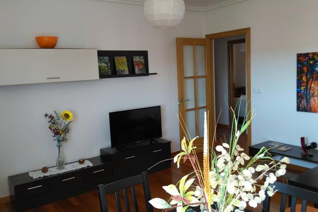 a living room with a television and a table with chairs at La Casa de Lines in Monforte de Lemos