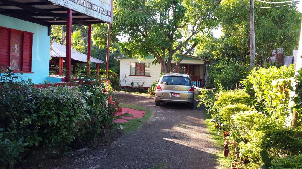 a car parked in a driveway next to a house at Shades Cottage Guesthouse in Blue Hole