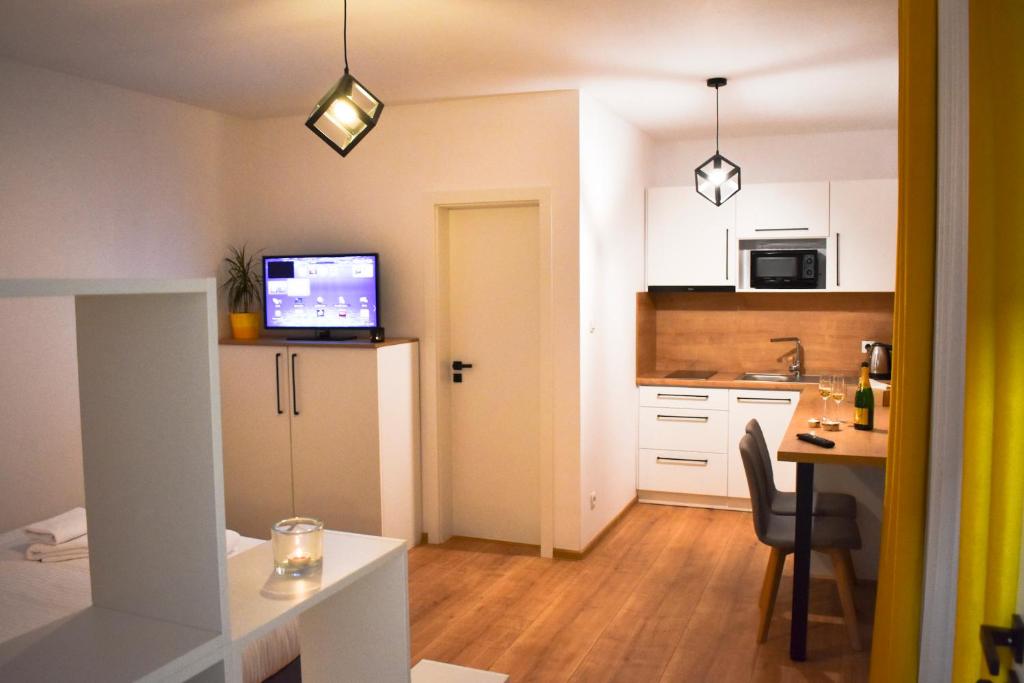 Kuchyň nebo kuchyňský kout v ubytování Apartmány Runi