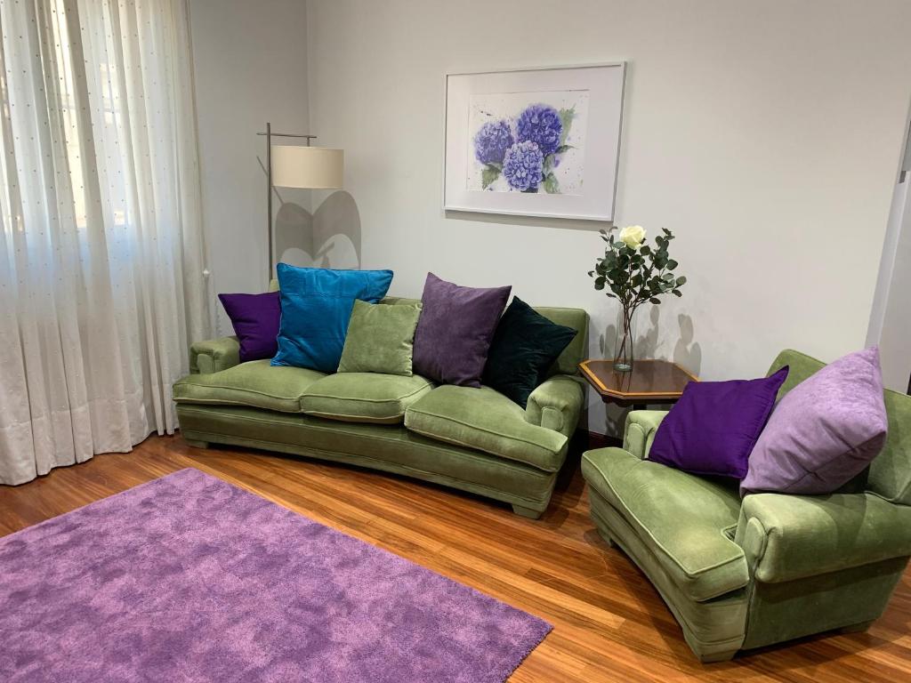 a living room with two green couches and a purple rug at En pleno centro de Bilbao y muy cerca del GUGGENHEIM in Bilbao