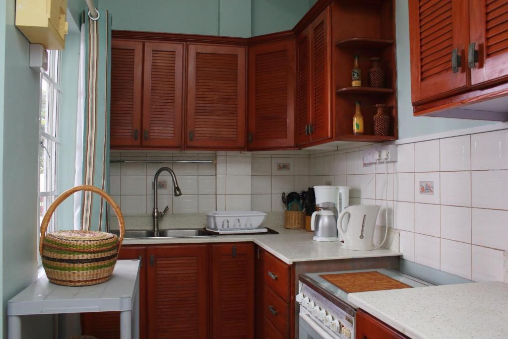 a kitchen with wooden cabinets and a sink with a basket at The AnSwin Apartment in Roseau