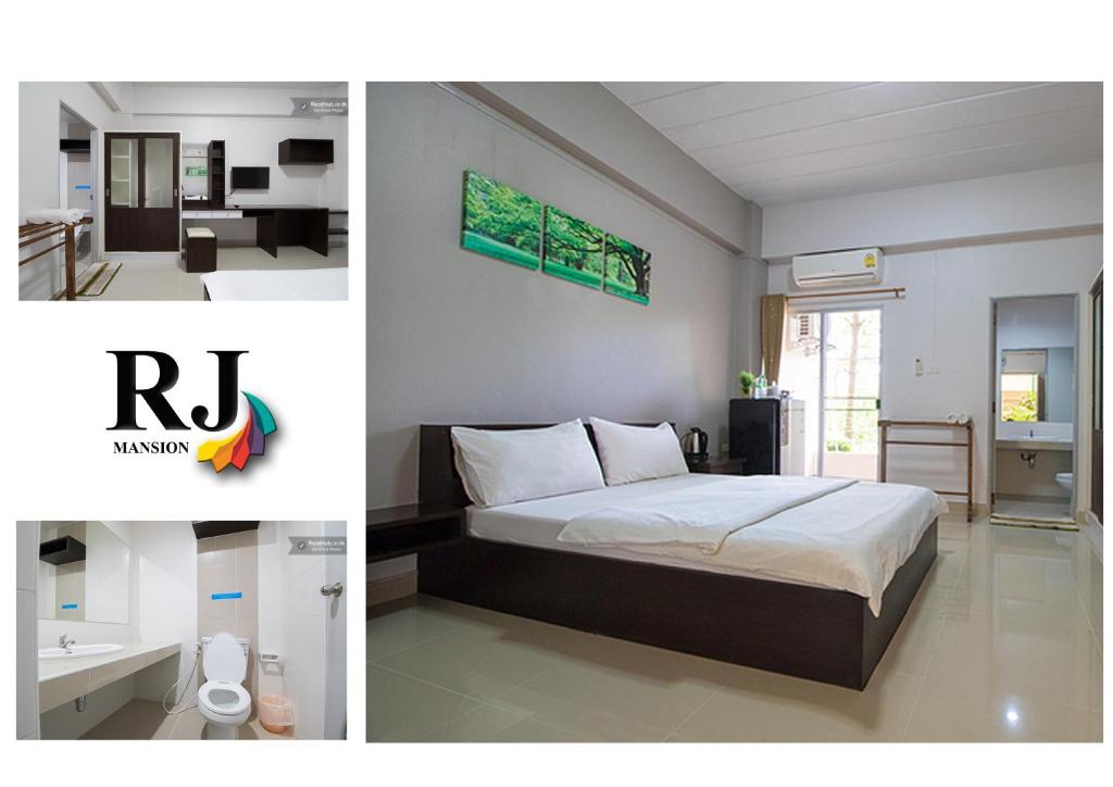 un collage de 2 fotos de un dormitorio con cama en อาร์.เจ.แมนชั่น, en Chonburi