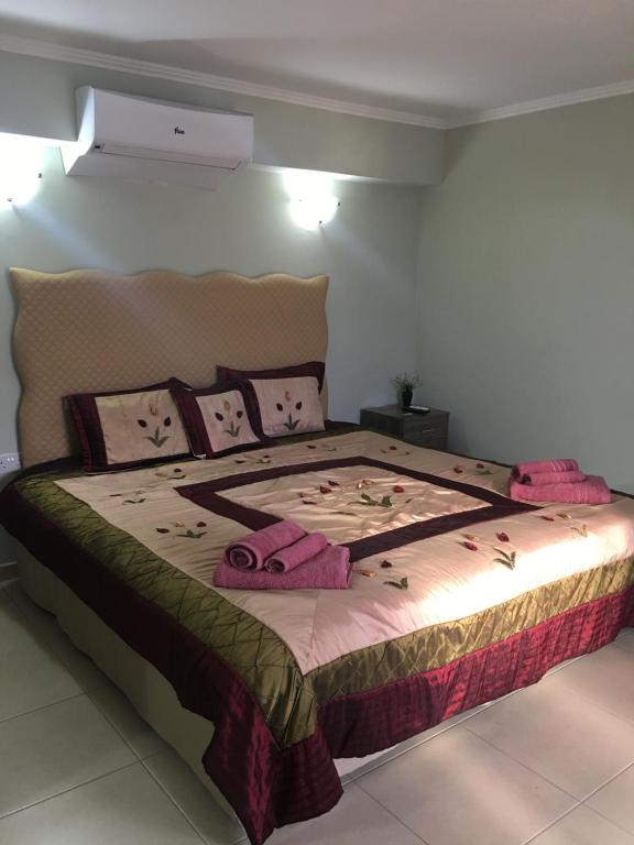 1 dormitorio con 1 cama grande con almohadas rosas en Livadia studio, en Pafos