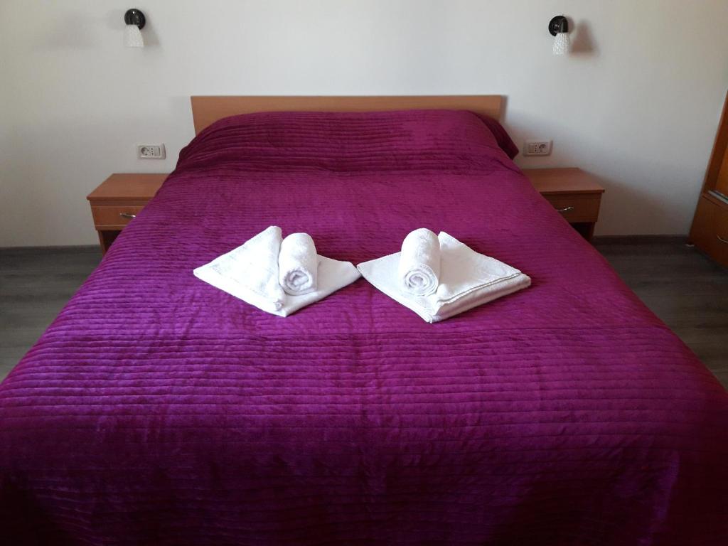Una cama morada con dos toallas blancas. en Microapartament Campulung Moldovenesc, en Câmpulung Moldovenesc