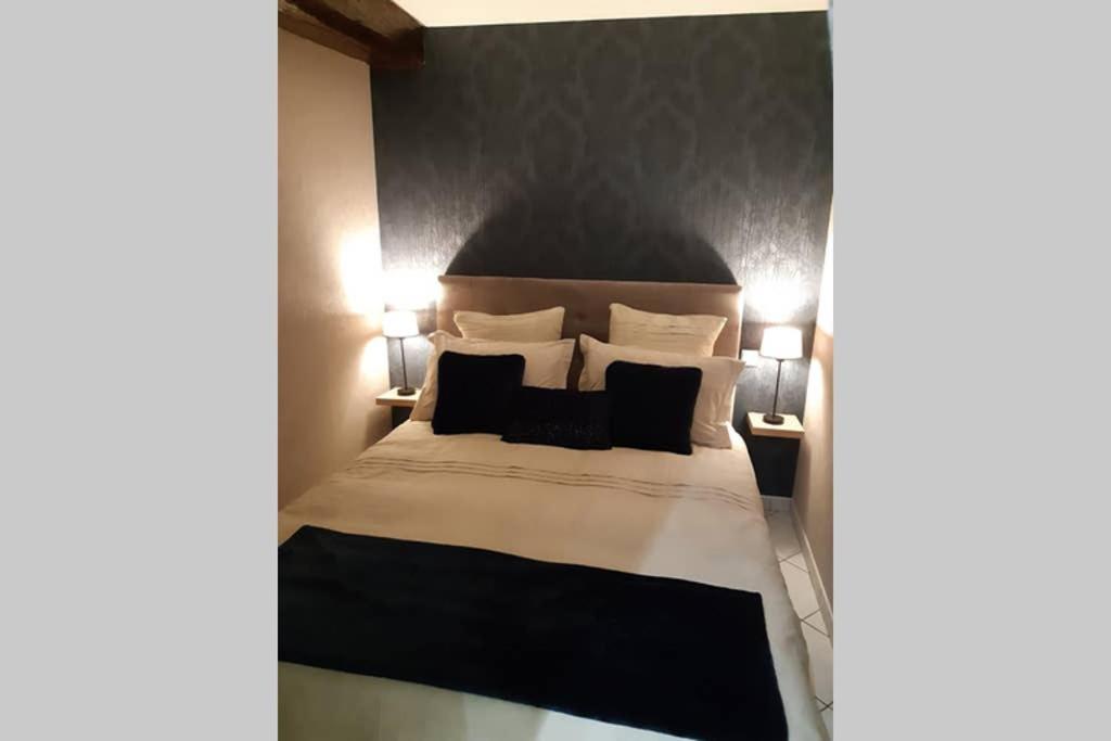sypialnia z dużym łóżkiem z 2 lampami w obiekcie LE PETIT SAINT NICOLAS, EN PLEIN CENTRE VILLE w mieście Beaune