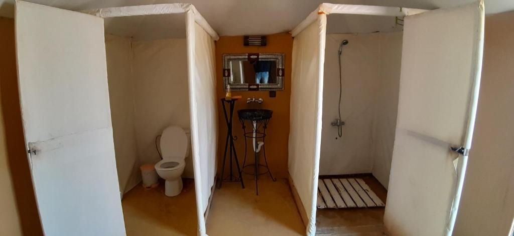 a small bathroom with a toilet and a shower at Standar camp merzouga in Merzouga