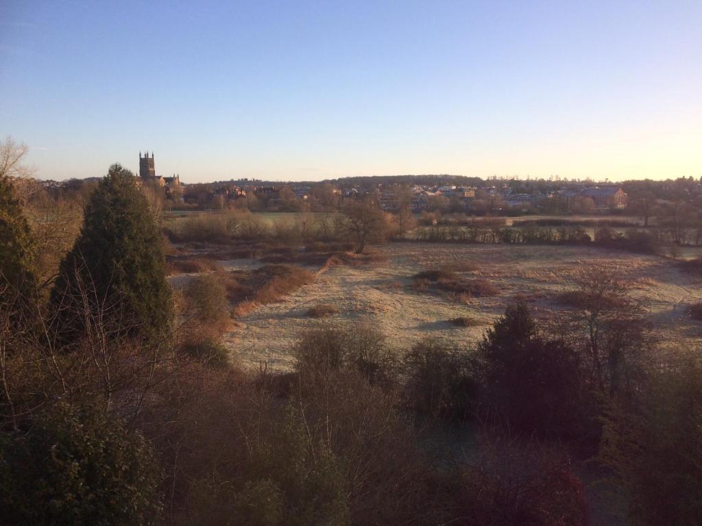 a large field with trees and a city in the background at Worcester Homestay in Worcester