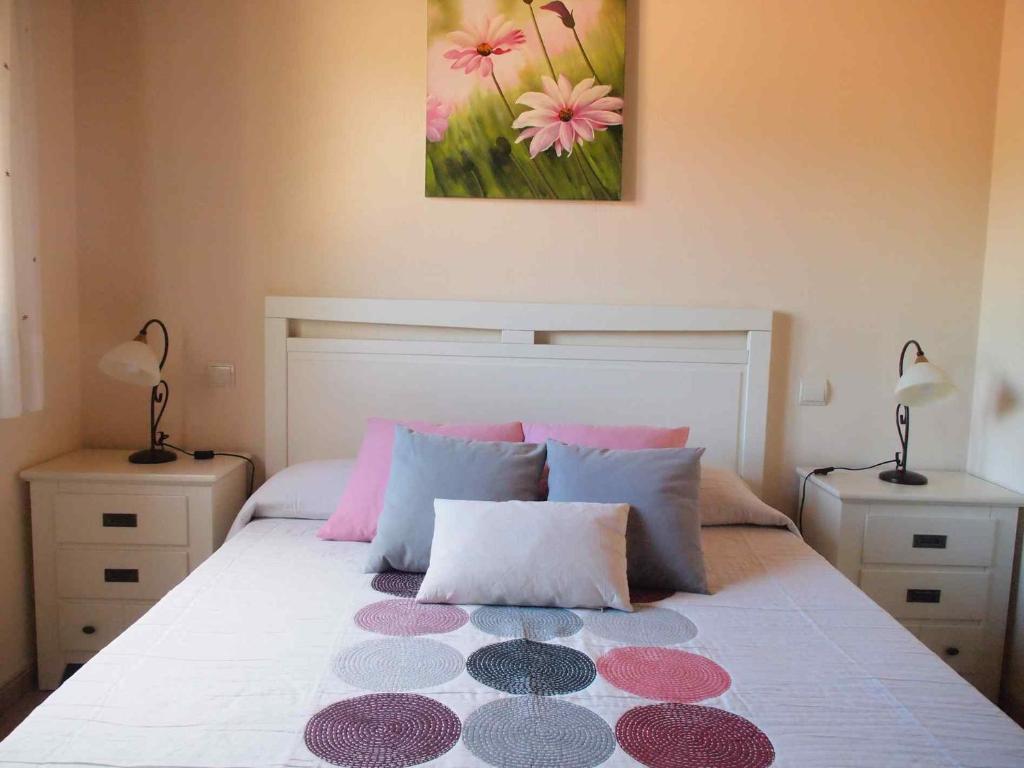 1 dormitorio con 1 cama con almohadas rosas y moradas en LA CASA DE LAS AZAS, en Casla