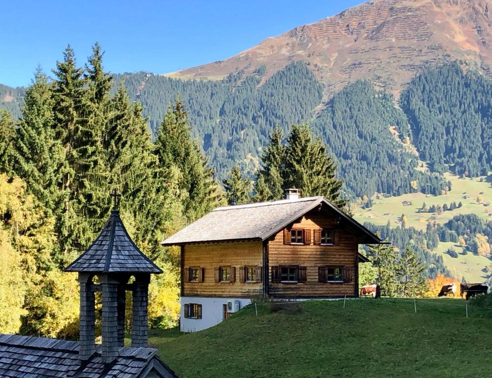 a wooden house on top of a hill with a mountain at AlpenApart Montafon - Bitschweil Hüsle in Schruns