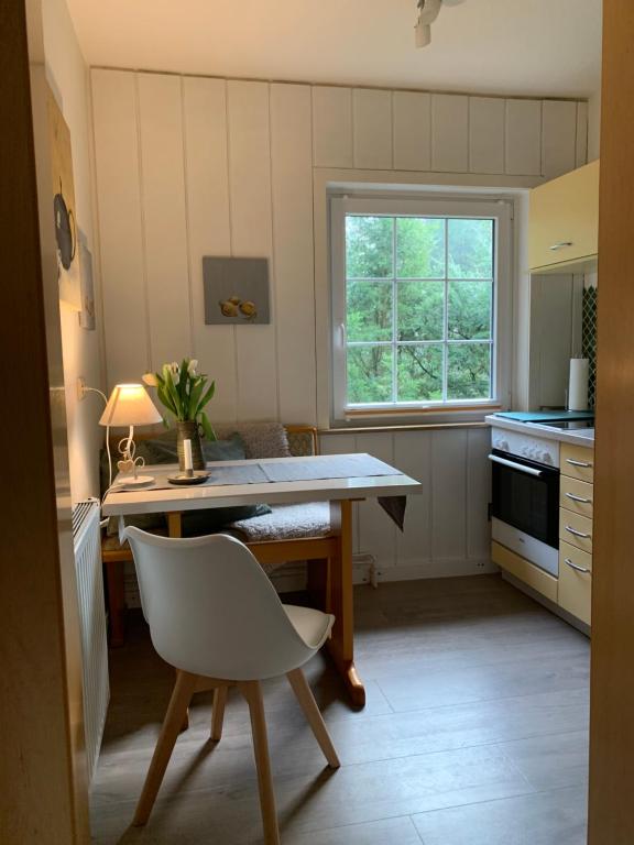 uma cozinha com uma mesa, uma cadeira e uma janela em Loh Apartments - Wald.Natur.Ruhe. em Undeloh