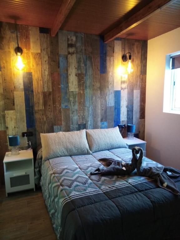 a dog laying on a bed in a bedroom at Casa Adeyu in Tuineje