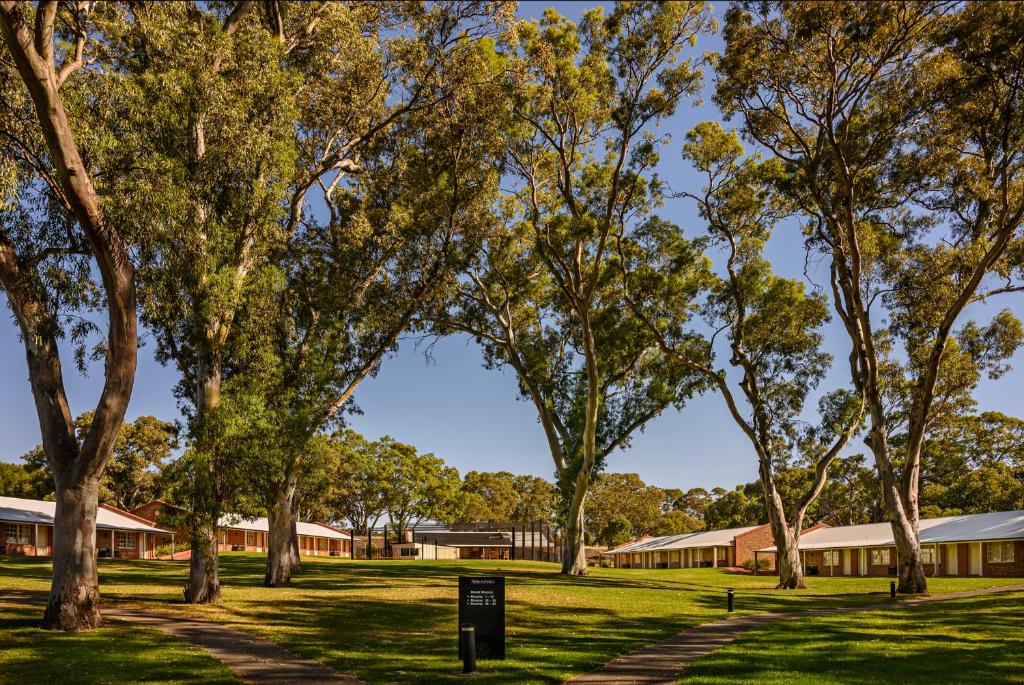 um grupo de árvores em frente a um edifício em Serafino McLaren Vale em McLaren Vale