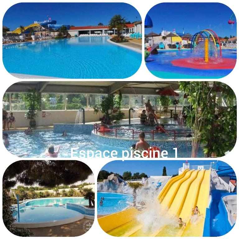 un collage de quatre photos d'un parc aquatique dans l'établissement Mobilhome 6 places Les Charmettes 81, aux Mathes