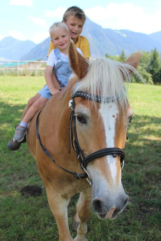 Un niño y un niño sentados en un caballo en Lamplhof, en Wiesing