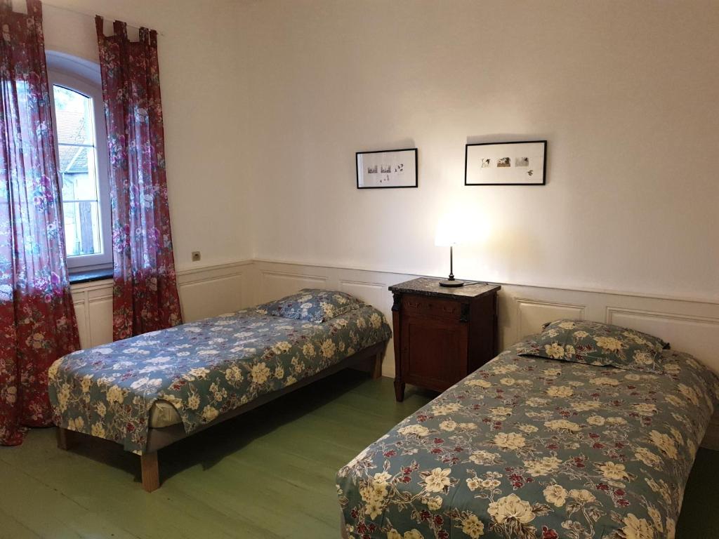 Zimmer mit 2 Betten und einem Fenster in der Unterkunft Les chambres de Preisch in Évrange