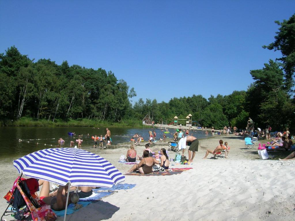 eine Gruppe von Menschen am Strand mit einem Sonnenschirm in der Unterkunft Camping Baalse Hei in Turnhout