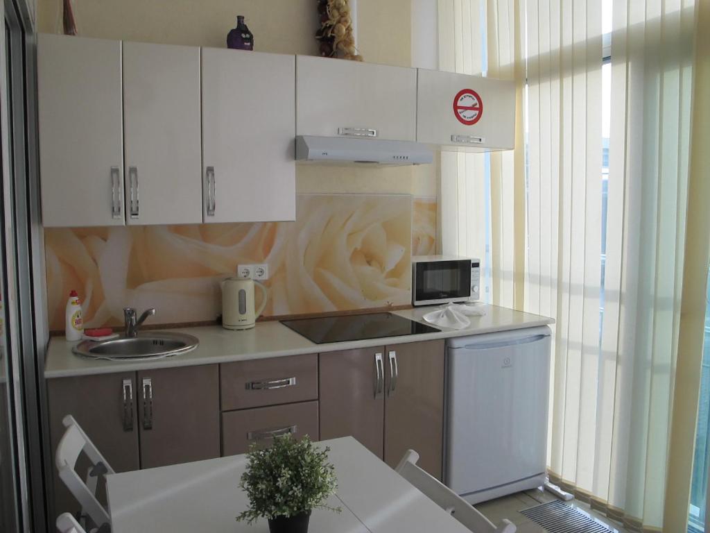 a small kitchen with white cabinets and a sink at Apartment on Bulvar Nadezhd in Adler