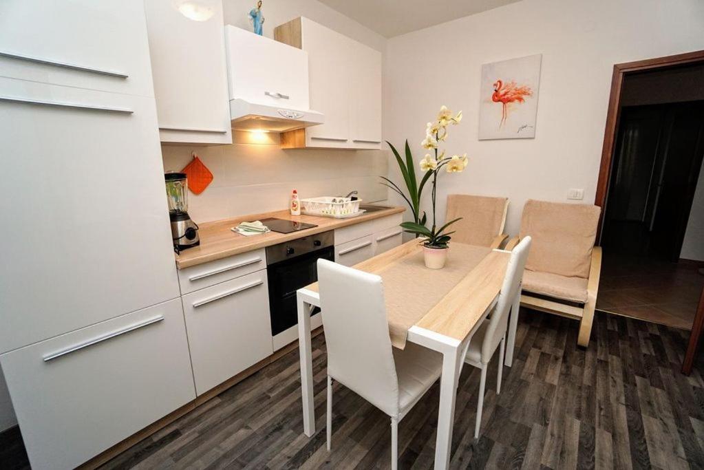 een keuken en eetkamer met een tafel en stoelen bij Apartman Dea in Crveni Vrh