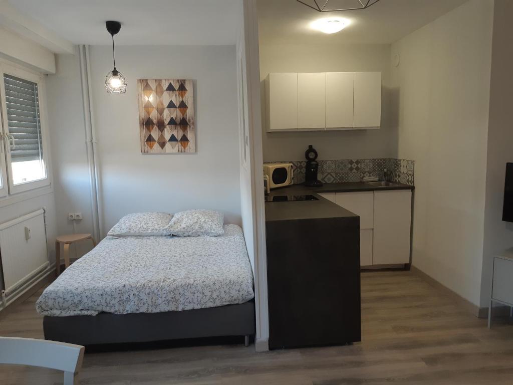 a small bedroom with a bed and a kitchen at Le Chabin in Metz