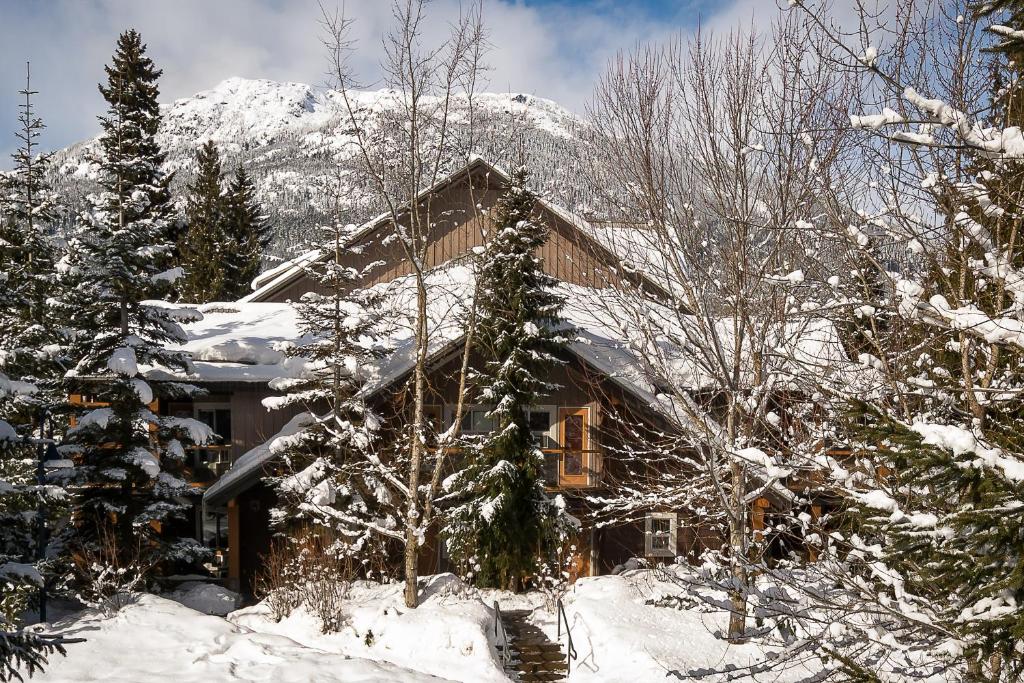 een huis bedekt met sneeuw met bomen en bergen bij Glacier's Reach in Whistler