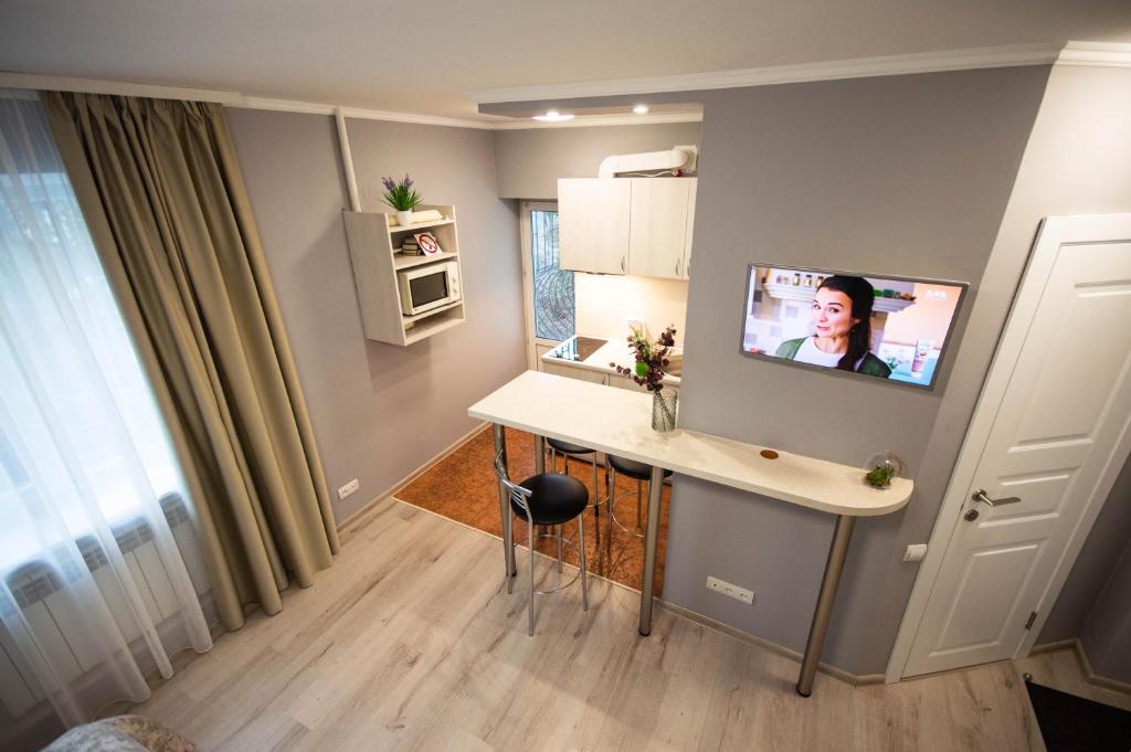キーウにあるLesi 3 Studio Apartmentのデスク、壁掛けテレビが備わる客室です。