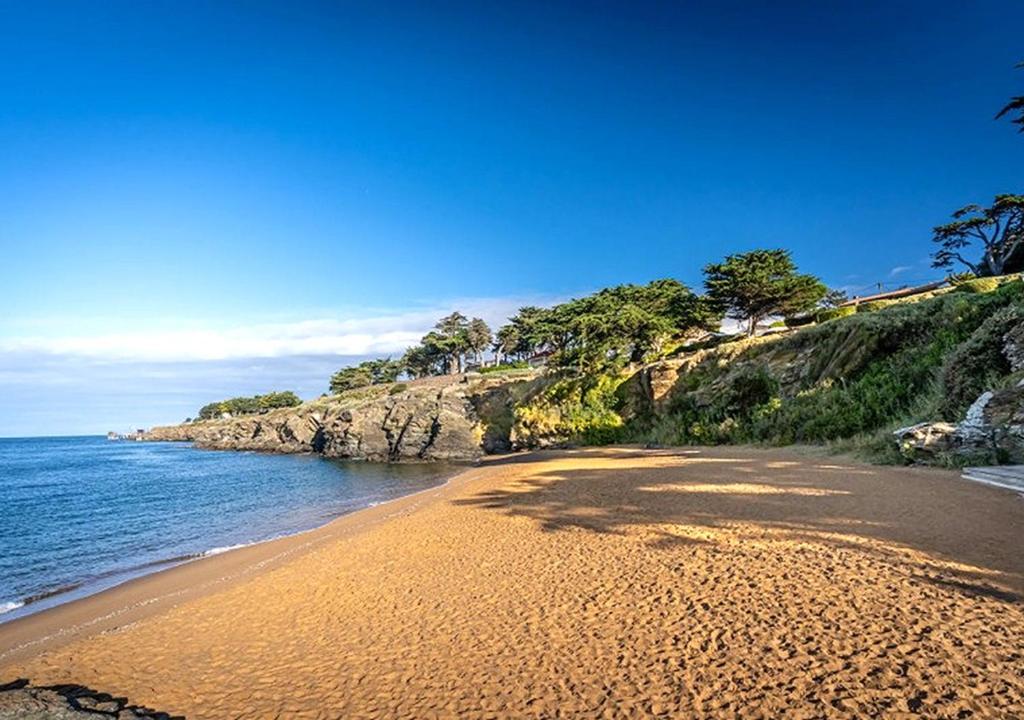 una playa de arena con árboles y el océano en Hotel Particulier LE ROCHER DES MARAIS "Proximité Plage & Vue mer pour certains hébergements" en Pornic