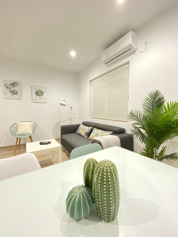 Sala de estar blanca con sofá y cactus en Nova Domus Apartamentos en Mérida