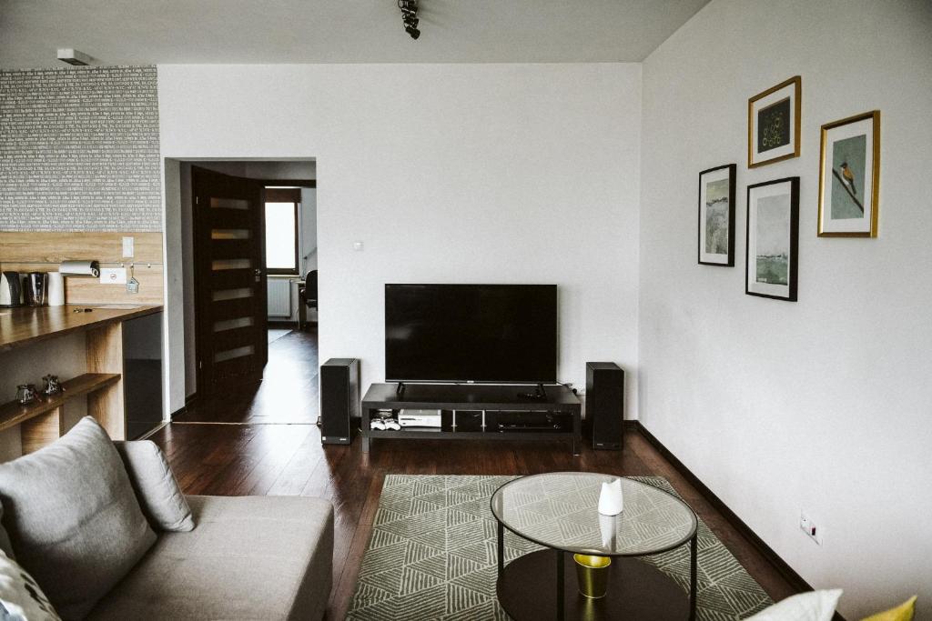 Televízia a/alebo spoločenská miestnosť v ubytovaní Apartament Myślenice