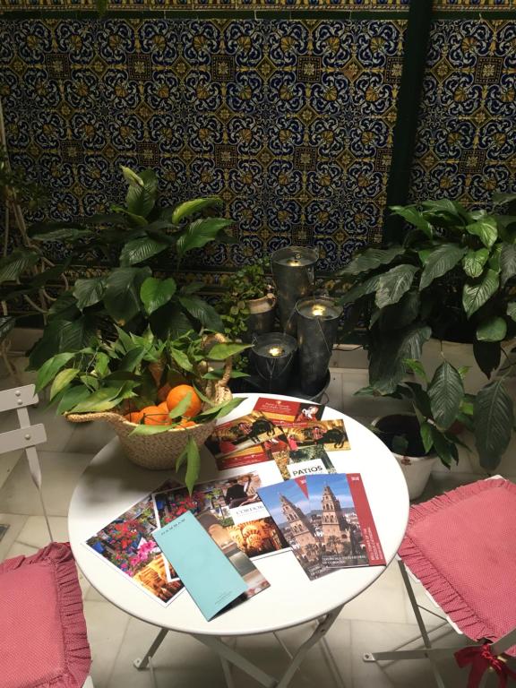 una mesa blanca con un tazón de plantas. en Alojamientos con encanto en casa de patio, en Córdoba