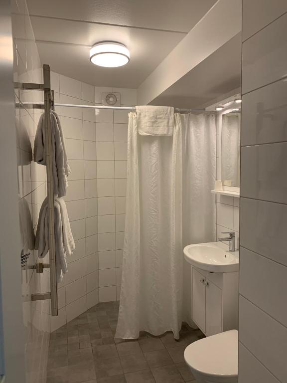 un bagno bianco con doccia e lavandino di Nya Pallas Hotel a Falkenberg