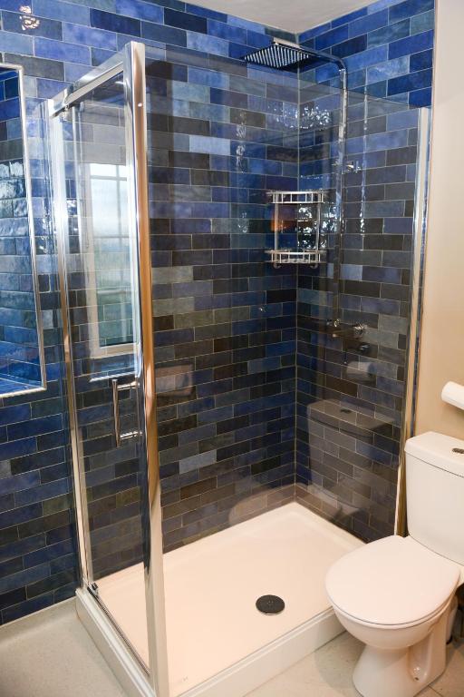 a bathroom with a shower with a toilet and blue tiles at Plough Inn in Morpeth
