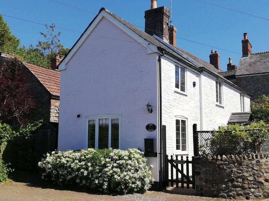 a white house with a black gate and white flowers at Rose Cottage in Chard