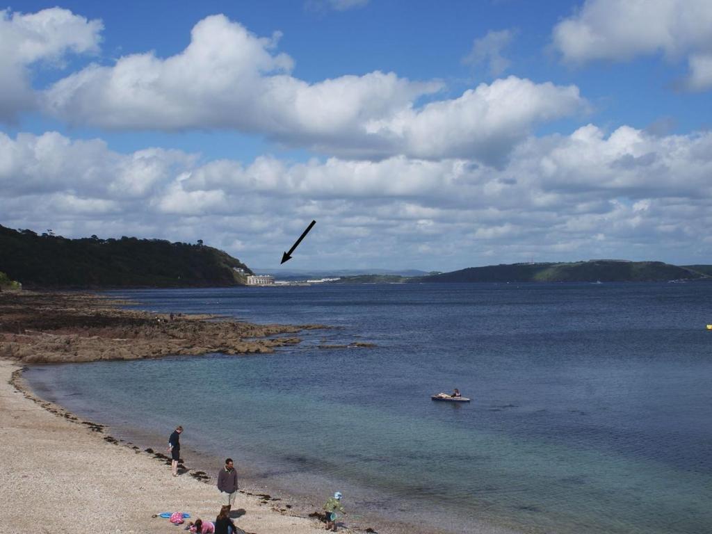 a bird flying over a beach with people in the water at Apartment 66 in Kingsand