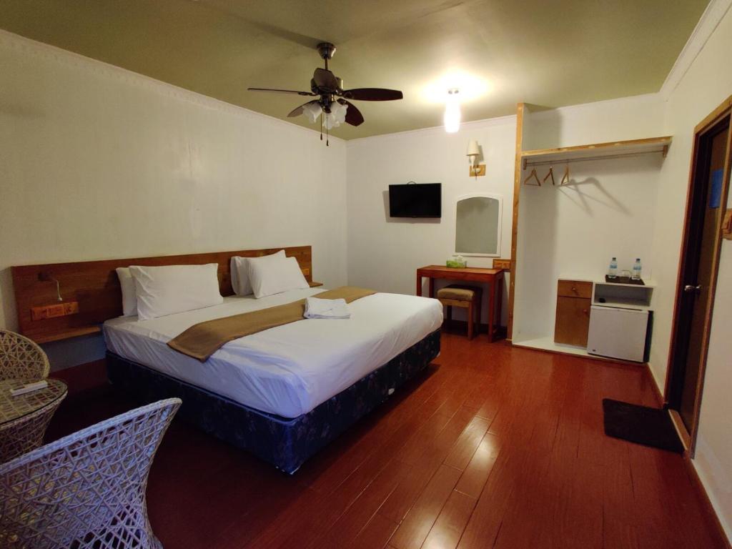 古雷德胡的住宿－Ocean Way Guraidhoo，一间卧室配有一张床和吊扇