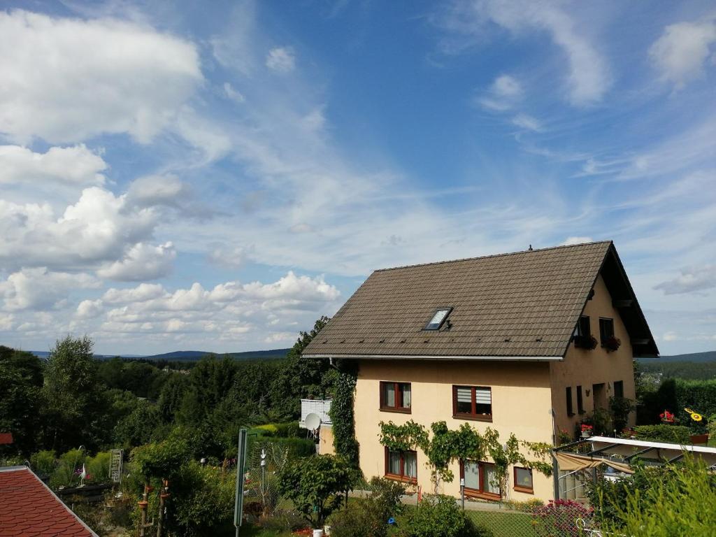 una casa con techo encima en Ferienwohnung Am Apelsberg, en Neuhaus am Rennweg