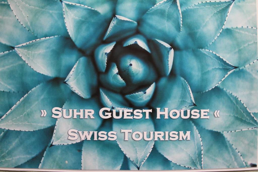 un primer plano de un cartel de turismo suizo del hostal azul en Suhr Guest House Aarau Switzerland en Suhr