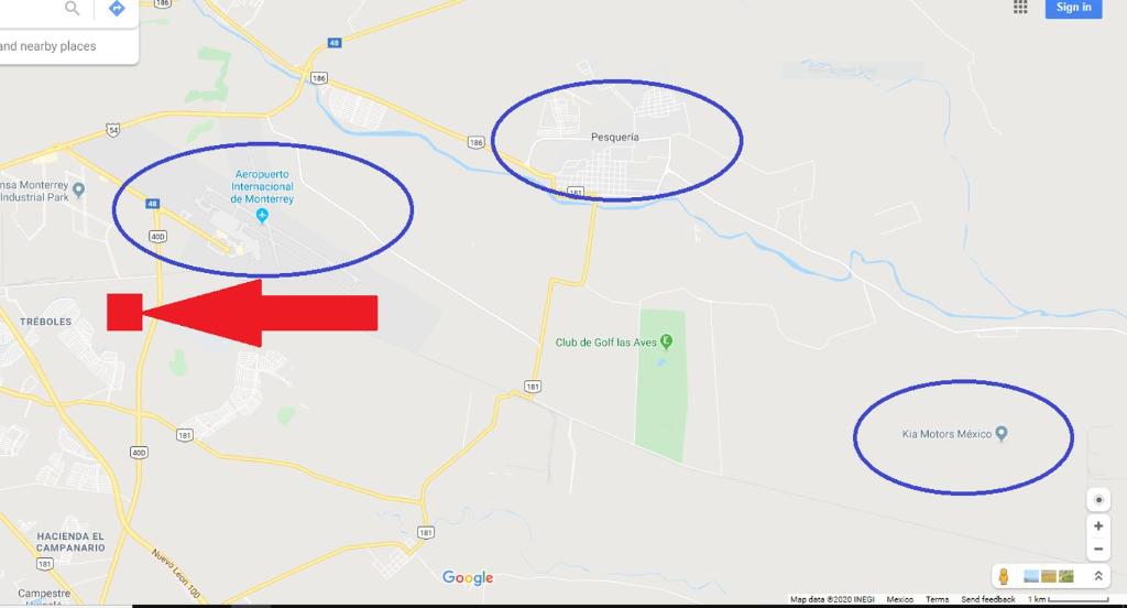 a map with a red arrow and circles at KIA - PESQUERIA - AEROPUERTO MONTERREY a in Monterrey
