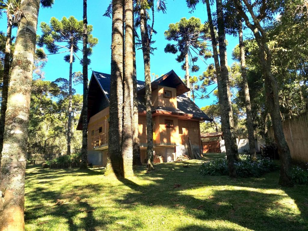 una casa con palmeras delante en Bosque das Araucárias, en Campos do Jordão
