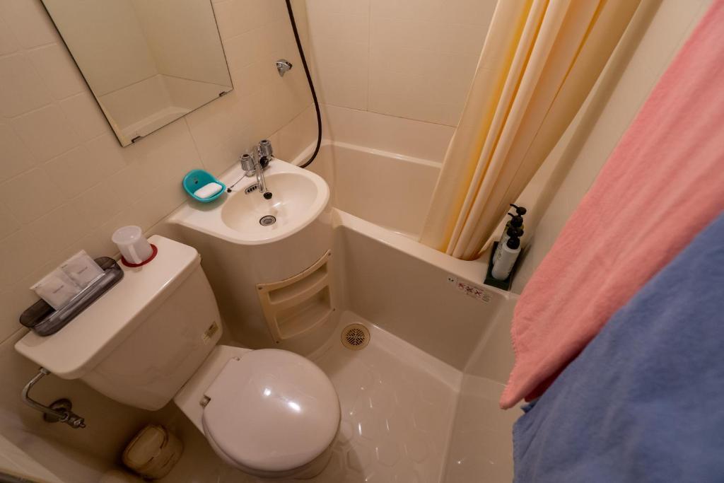 La petite salle de bains est pourvue de toilettes et d'un lavabo. dans l'établissement ピュアモール ミモザ, à Hakuba
