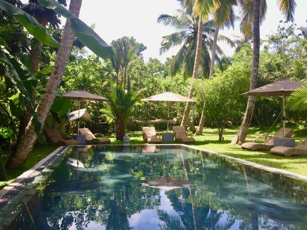 einen Pool im Hinterhof einer Villa mit Palmen in der Unterkunft STUTHI VILLA in Ahangama