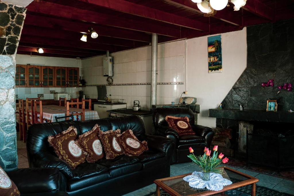 sala de estar con 2 sofás de cuero y chimenea en Ruca de Cura, en Cobquecura