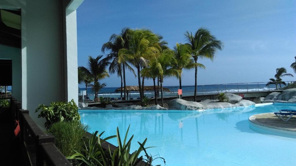 a large swimming pool with palm trees and the ocean at Karibbean Sweet Home in Saint-François